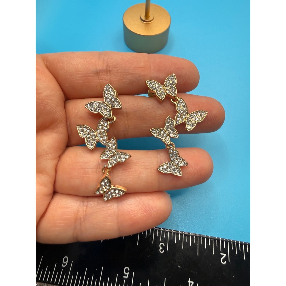 Gold Tone Rhinestone Butterfly Dangle Drop Earrings Cascading Statement Jewelry
